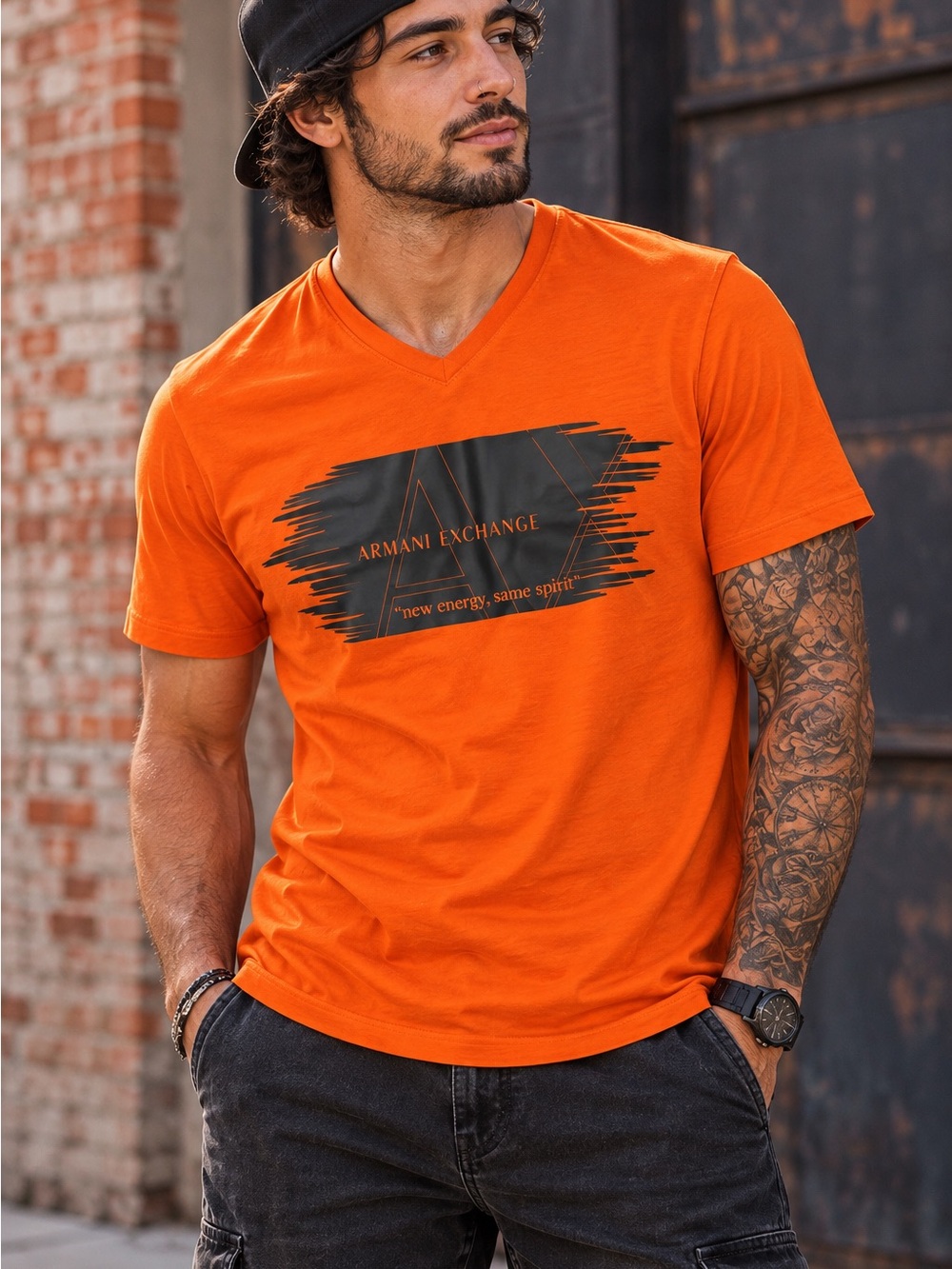 Armani Exchange A|X Men’s Graphic V-Neck T-Shirt Orange Size Large